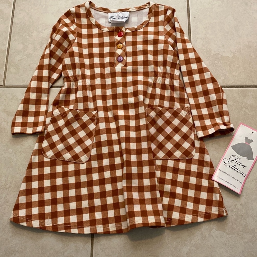 Rare Editions Brown and White Gingham Long-Sleeve Dress